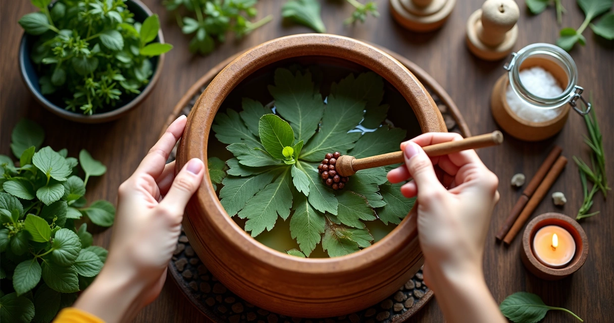 Japamala em ritual de banho de ervas com recipiente de água e folhas na mesa 