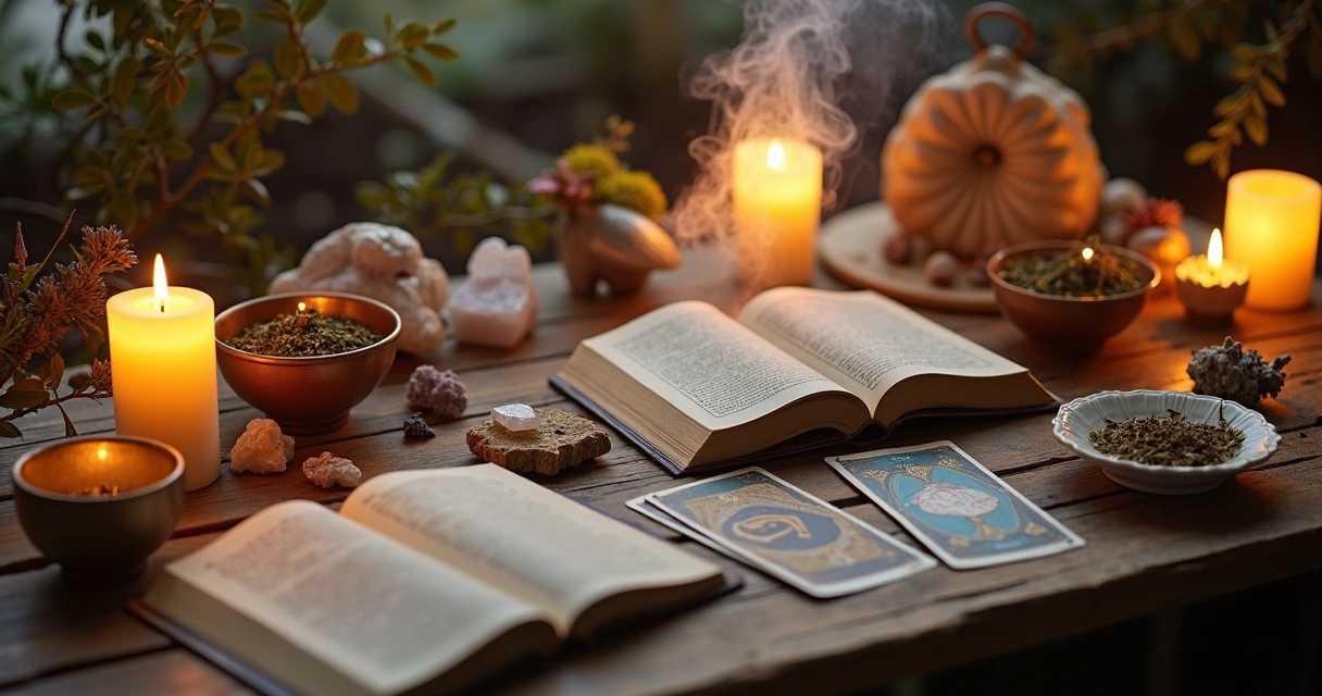 Mesa espiritualmente decorada para rituais com cristais, velas, ervas e cartas de tarot 