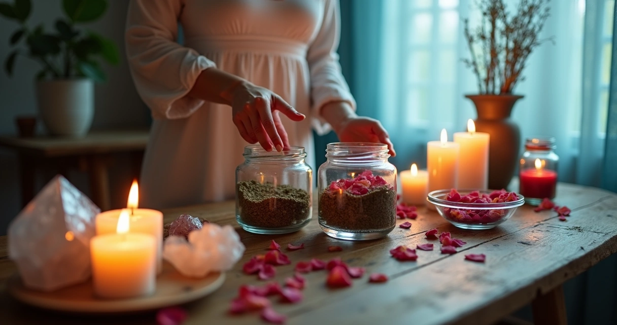 Banho energético sendo preparado ao lado de velas e ervas 