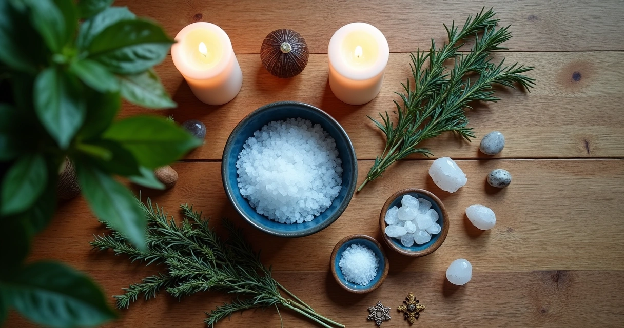 Mesa com elementos de proteção espiritual como velas, cristais, sal grosso, ervas e uma tigela com água para ritual. 