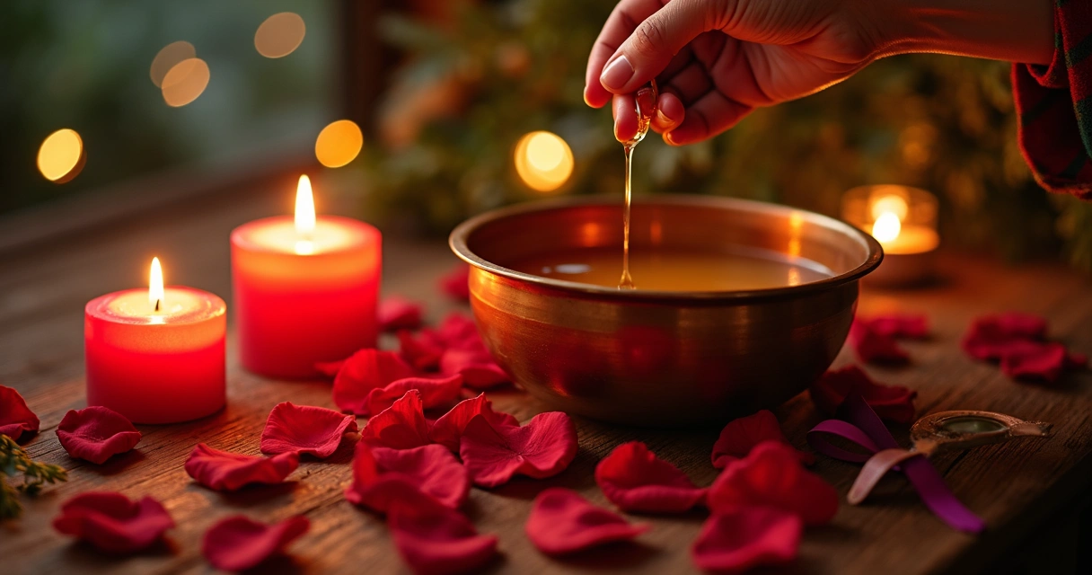 Mesa com itens para simpatia de amor, velas acesas e rosas 