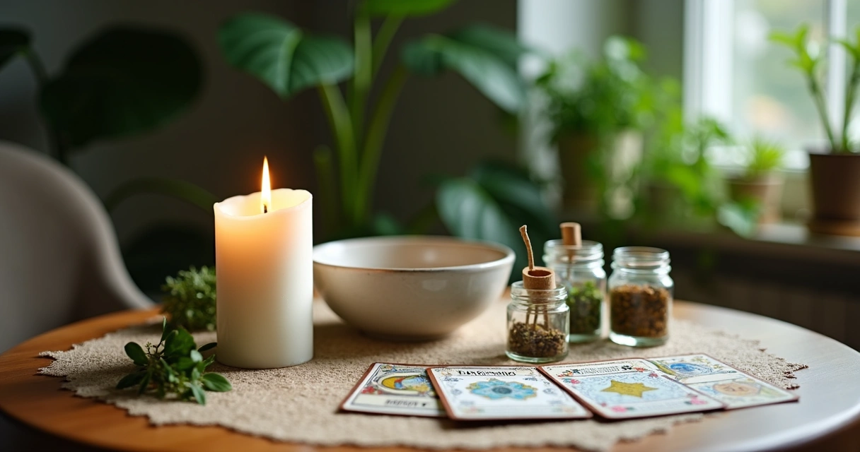 Mesa com Baralho Cigano, vela acesa e frascos de ervas ao lado de recipiente para banho energético 