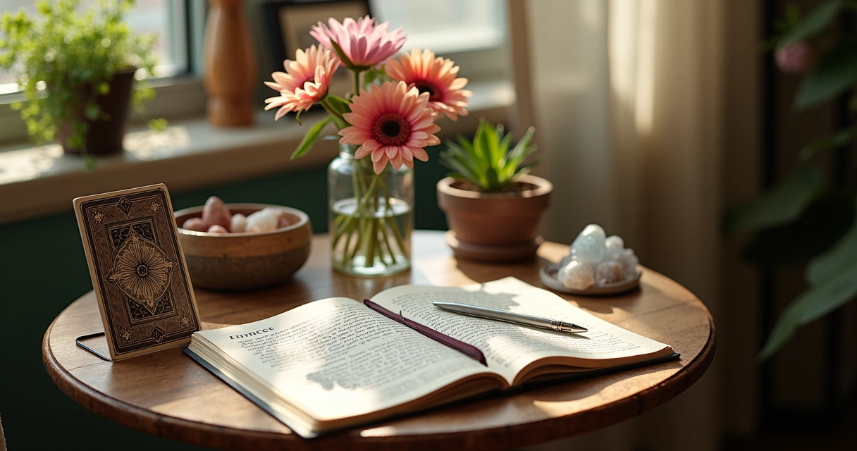 Altar pessoal simples com baralho cigano, flores e cristais 