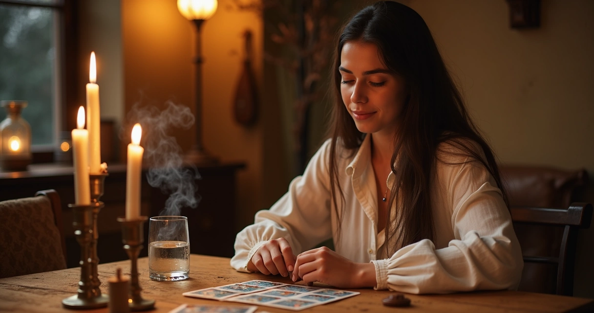Pessoa realizando ritual do baralho cigano com velas 