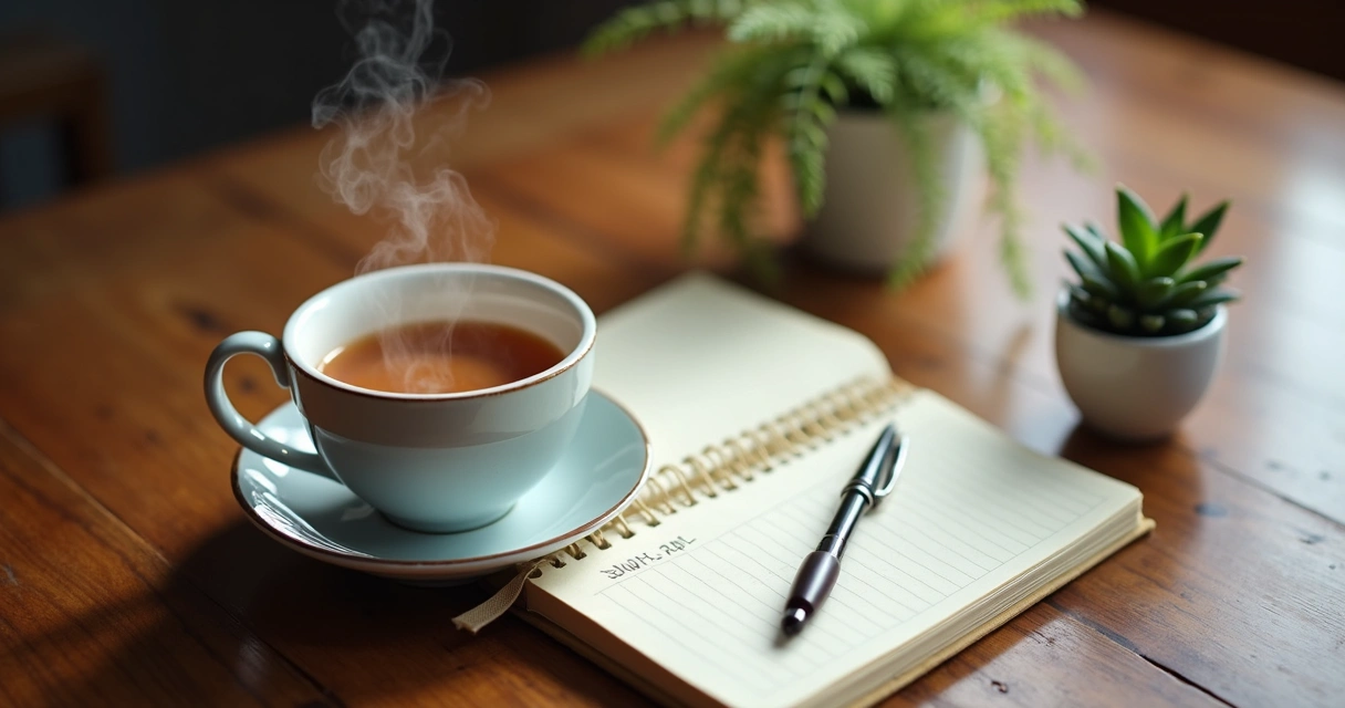 Xícara de chá, bloco de anotações e planta sobre mesa de madeira 