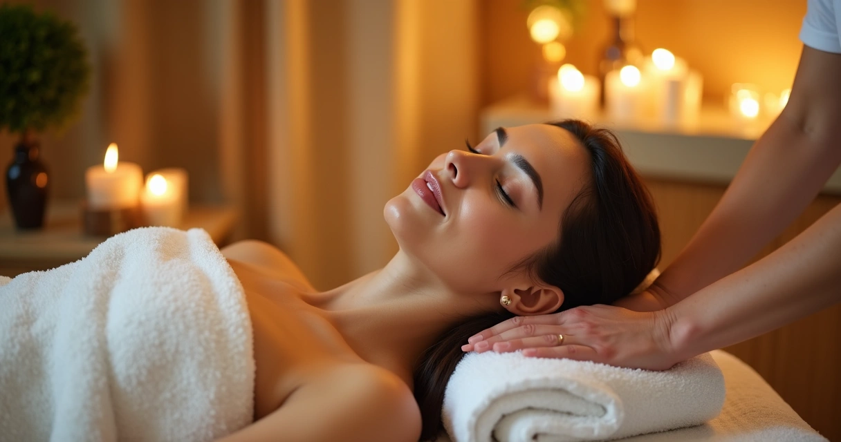 Sessão de massagem relaxante em um consultório de estética com luzes suaves e ambiente acolhedor. 