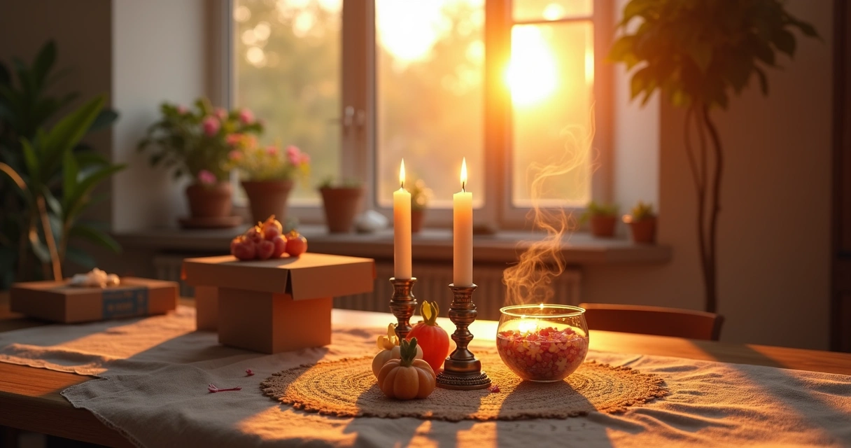 Mesa com itens para ritual de boas-vindas, como velas, incensos e flores