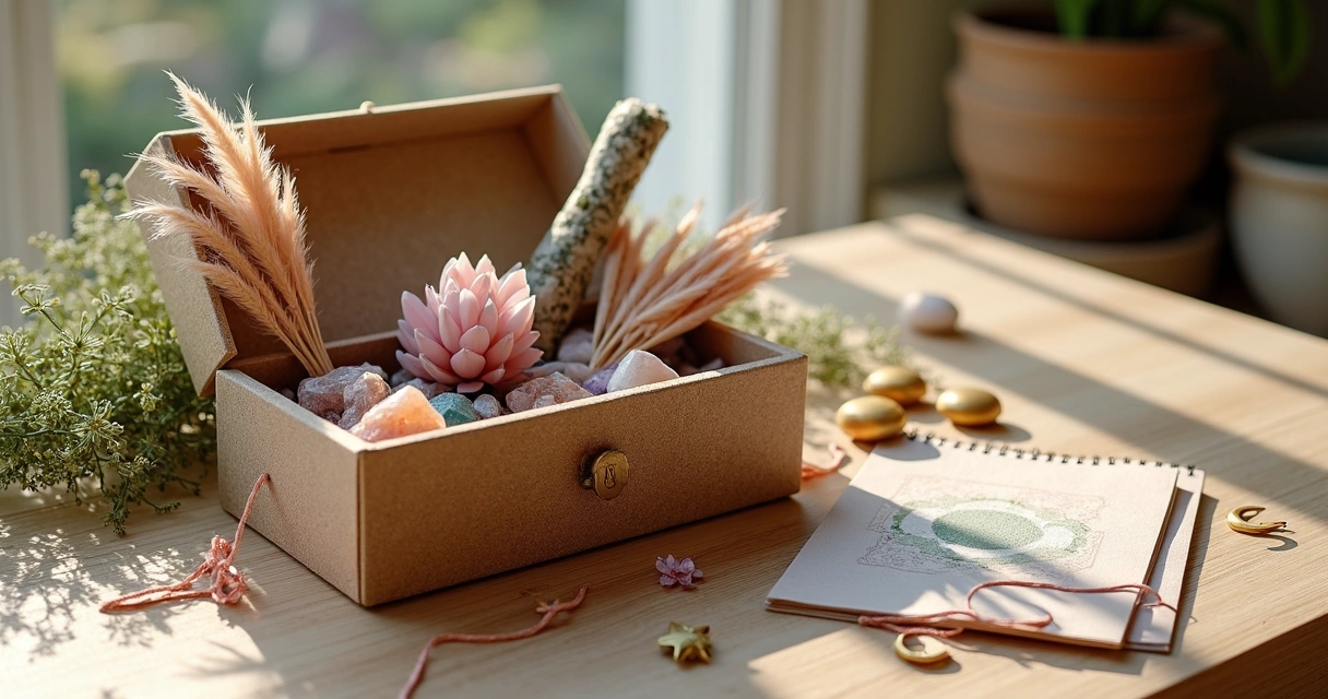 Itens para montagem de caixa mágica, como cristais, papéis coloridos e ervas distribuídos sobre mesa de madeira clara 