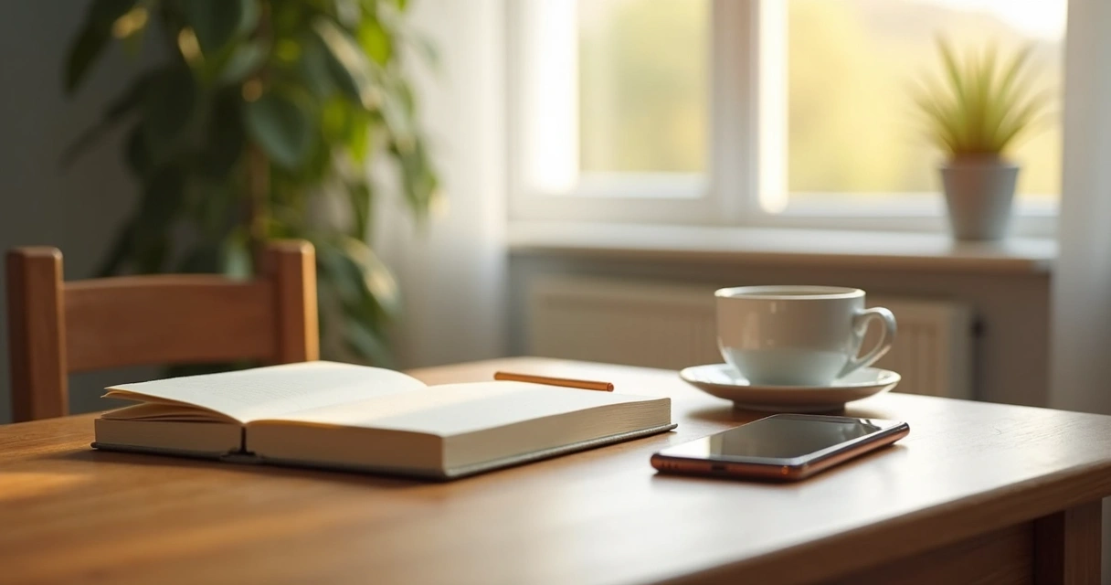Mesa con libreta, taza y teléfono apagado junto a una ventana tranquila
