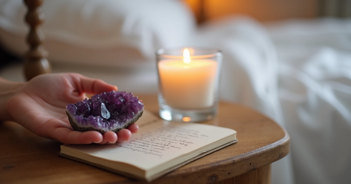 Cristais, vela acesa e mão feminina preparando ritual ao lado da cama 