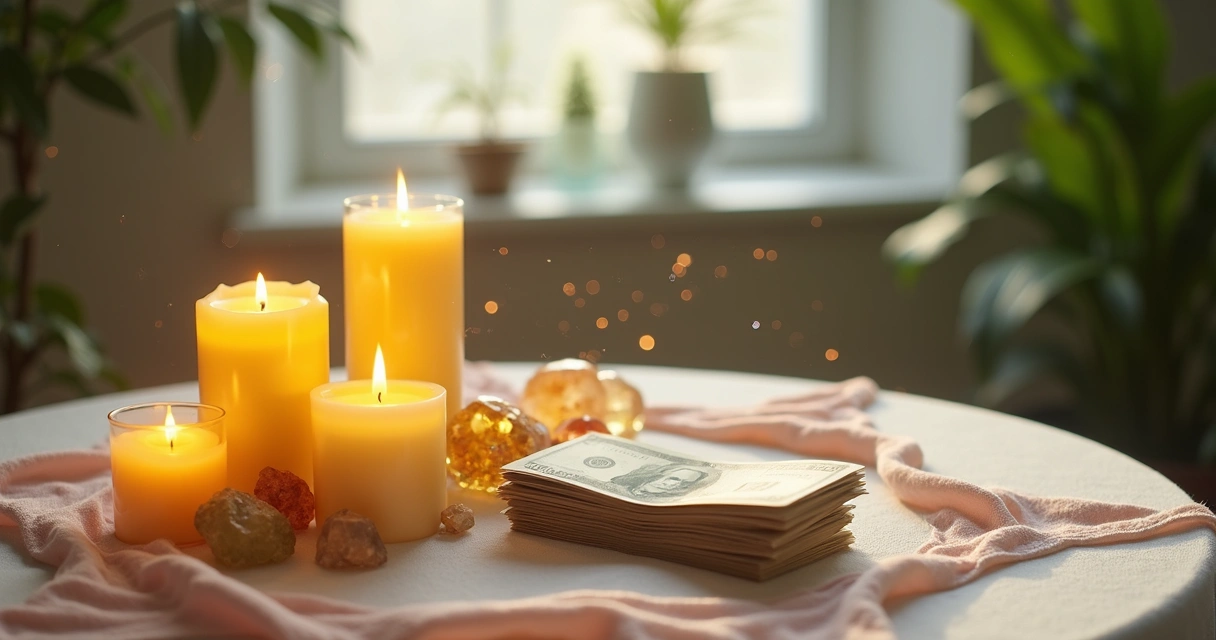 Ritual de prosperidade com velas, cristais e notas de dinheiro 