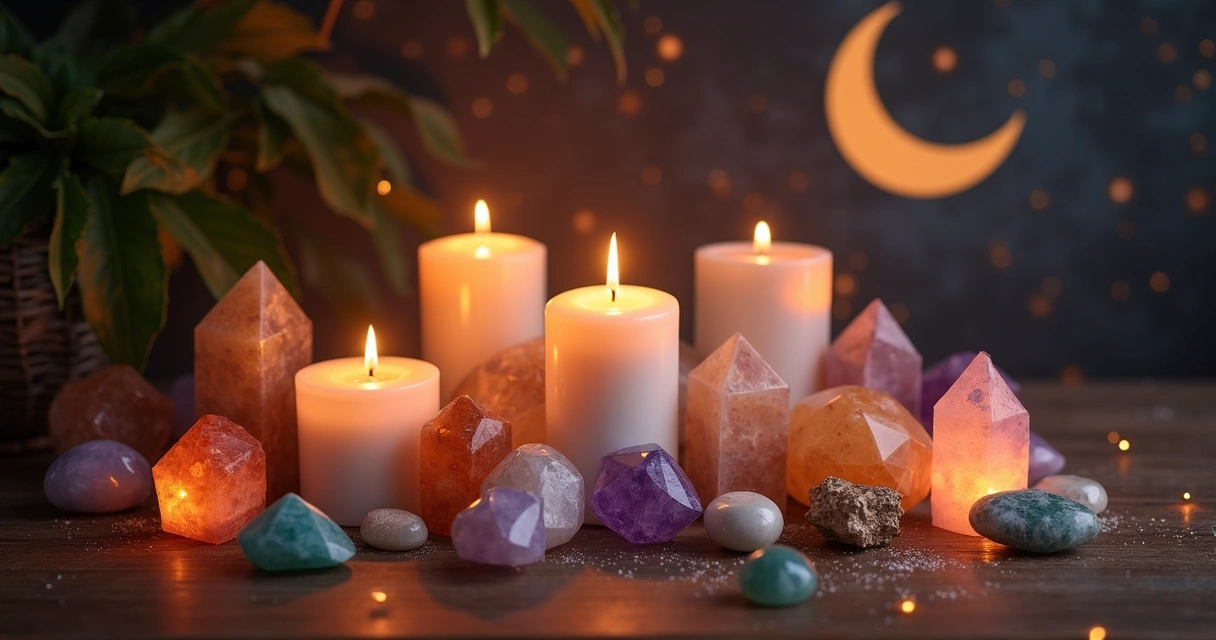 Arranjo de velas acesas, pedras coloridas e uma imagem de lua crescente em fundo escuro 