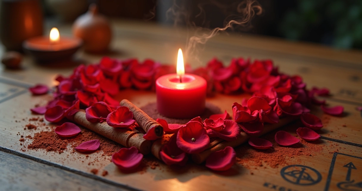 Kit ritualístico com canela, rosas e vela sobre mesa mística 