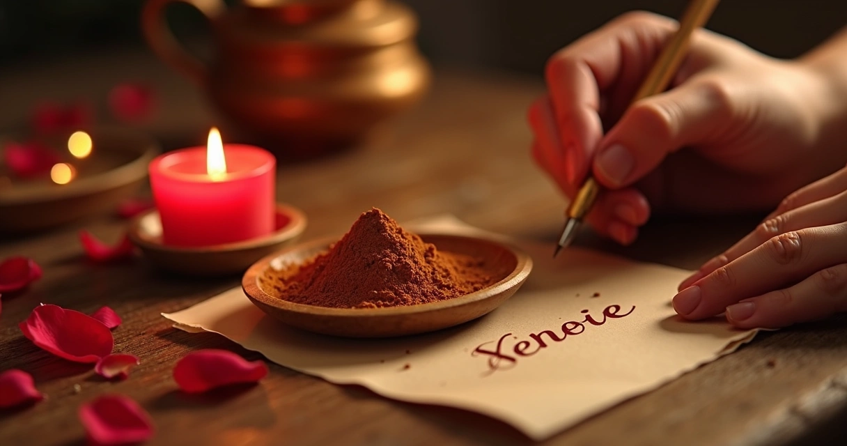 Pó de canela em prato ao lado de vela vermelha, pétalas de rosa e papelzinho dobrado 