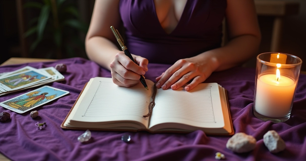Ritual com vela acesa, baralho de tarot e caderno de anotações sobre tecido colorido 