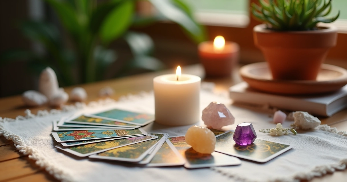 Mesa com cartas do tarot, cristais coloridos e vela branca acesa 