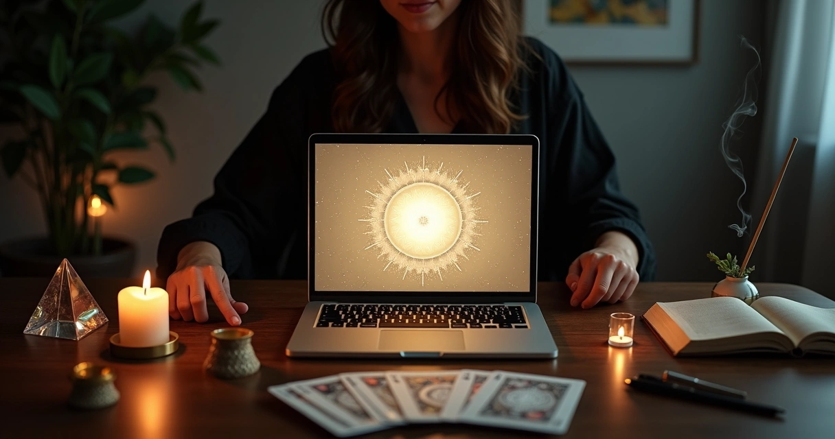 Pessoa iniciando ritual de leitura de cartas em altar digital com laptop e velas 
