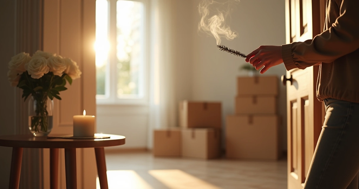 Incenso aceso sendo passado pela sala de uma casa vazia 