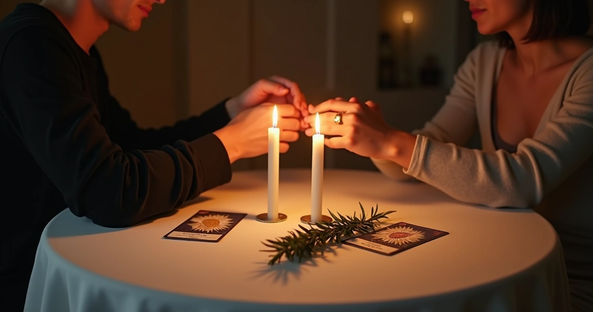 Casal sentado frente a frente, cartas e velas na mesa 