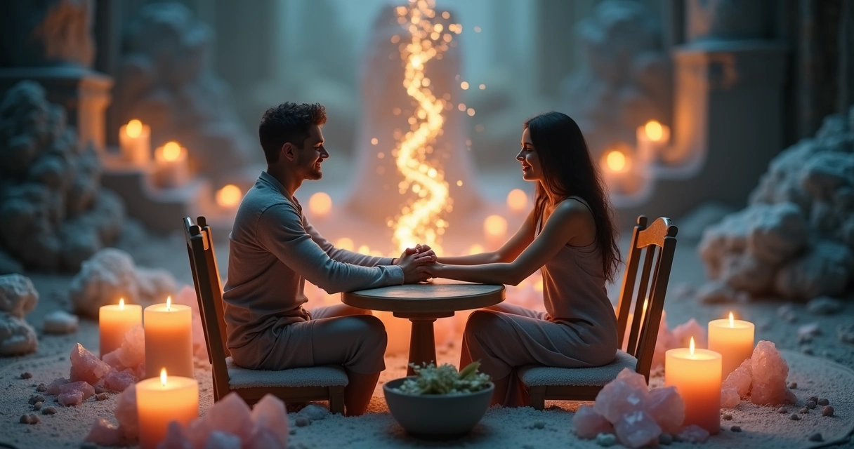 Casal de mãos dadas em ambiente iluminado por velas, cristais ao redor e uma atmosfera mística. 