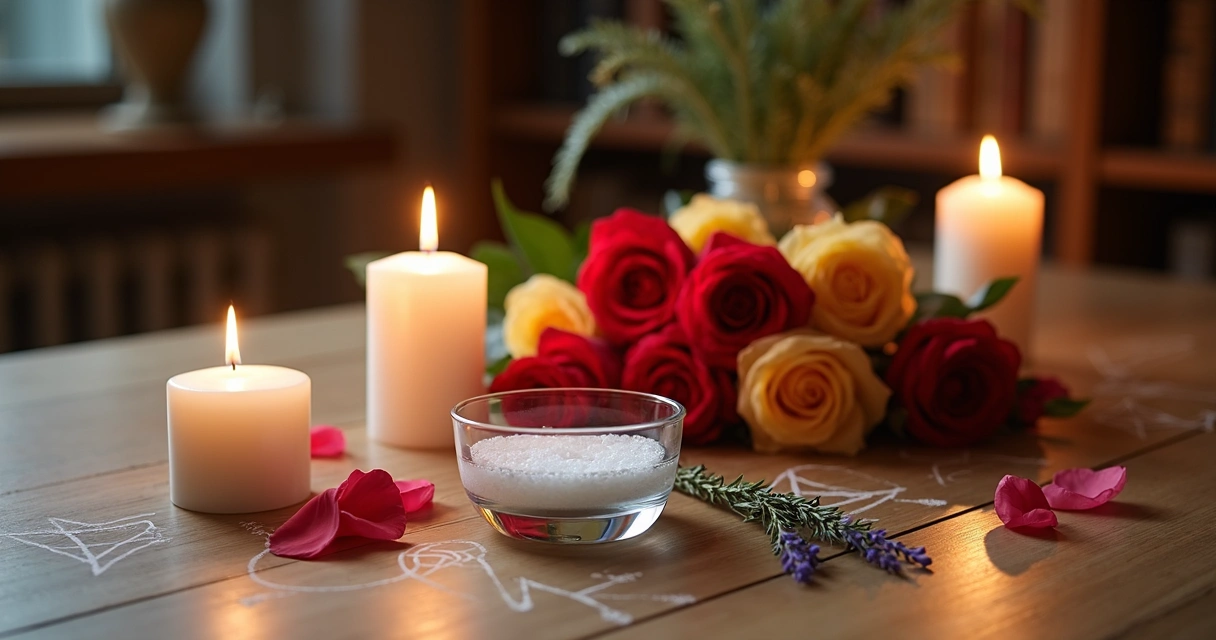 Mesa de casal com velas acesas, flores e elementos para simpatia 