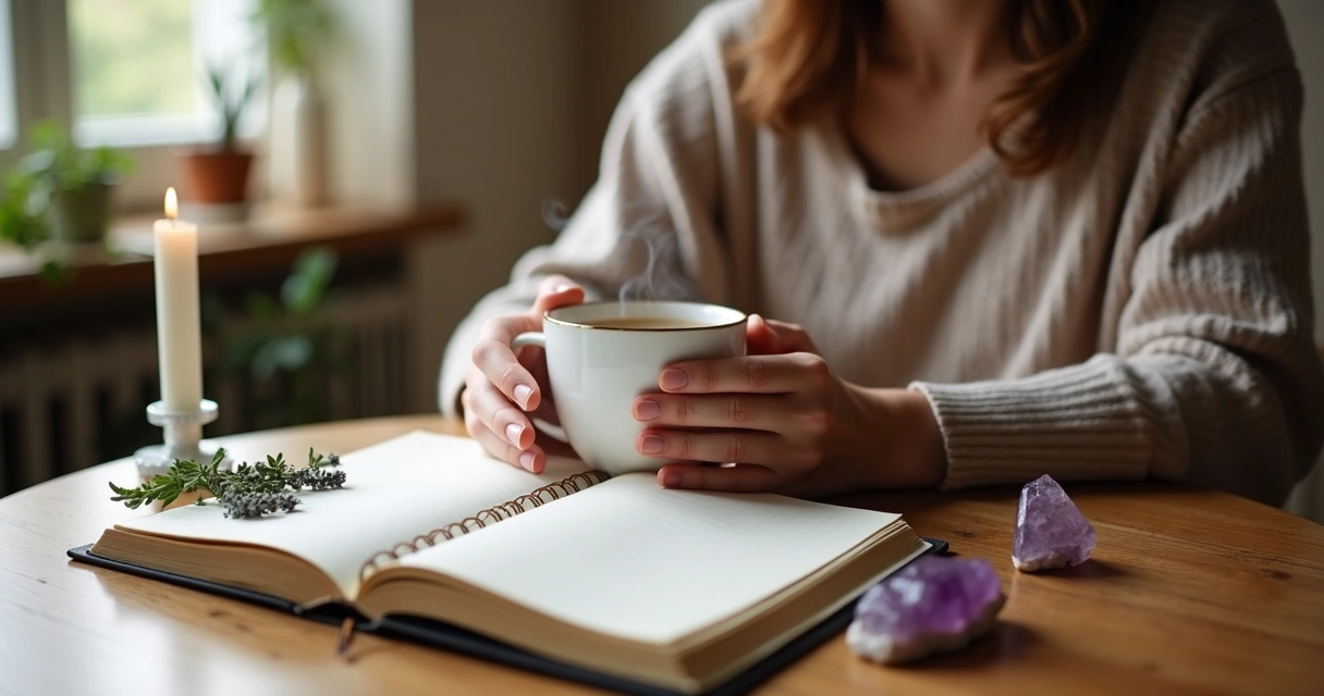 Mulher segurando xícara de chá com vela acesa ao lado