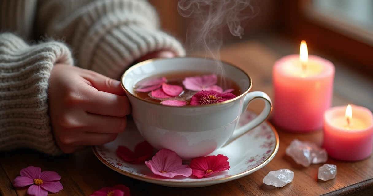 Pessoa segurando xícara de chá de rosas e hibisco com vela acesa e cristais ao redor 