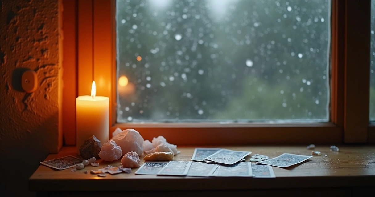 Vela acesa ao lado de cristais, com uma janela mostrando chuva ao fundo
