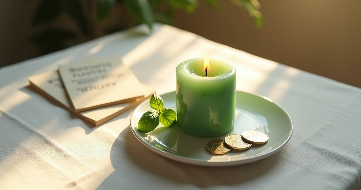 Ritual simples com vela verde e moeda sobre prato branco 