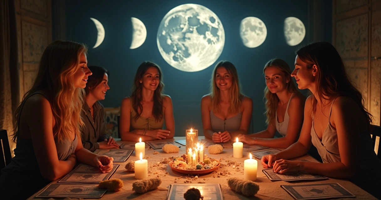 Ritual energético com mulheres e cartas de tarot sobre uma mesa decorada com velas 