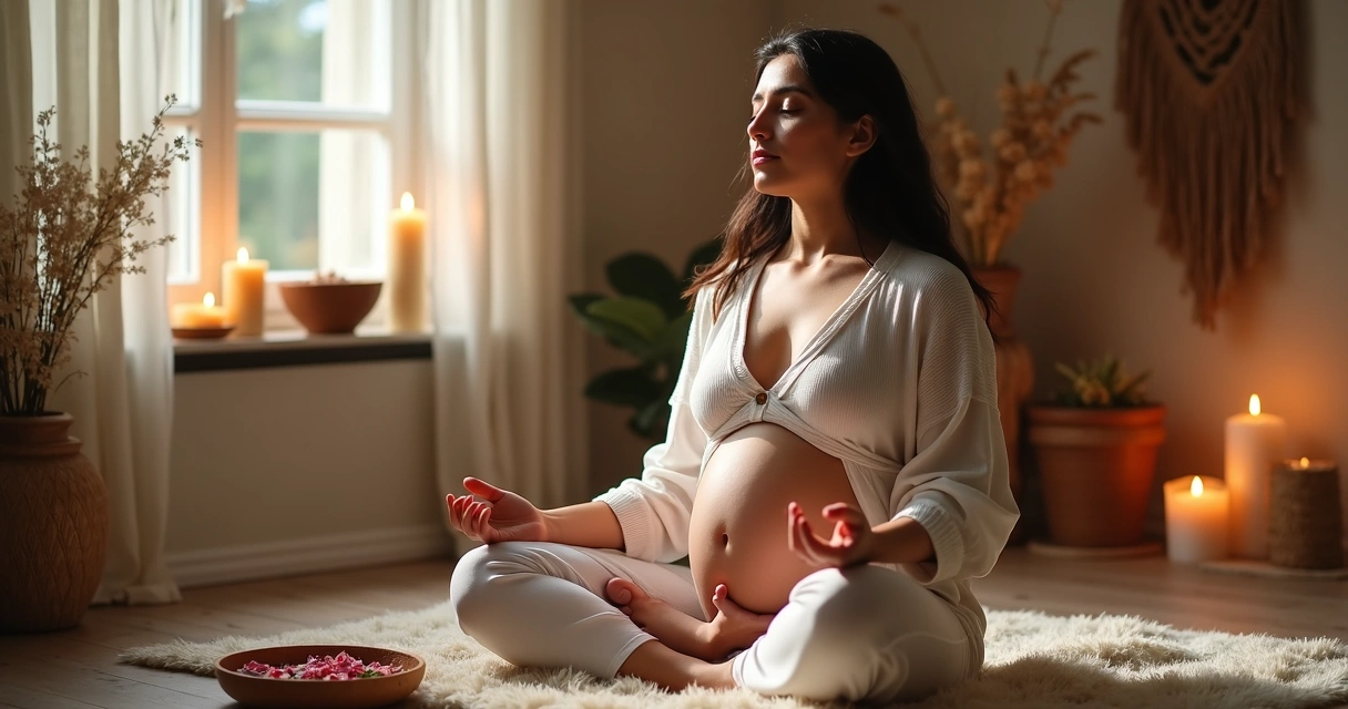 Mulher sentada em posição de meditação, luz suave, elementos naturais ao redor