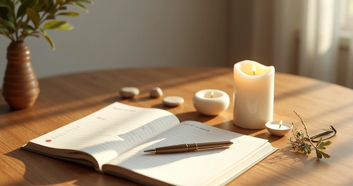 Mesa con calendario abierto y velas encendidas en un ritual sencillo 