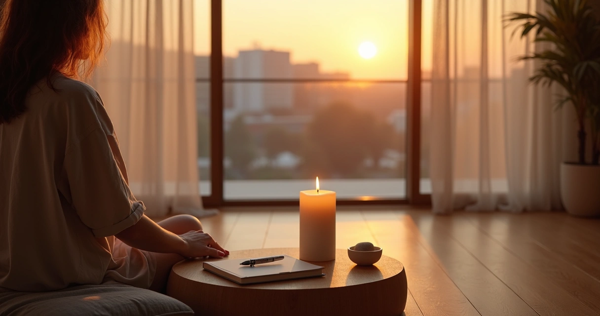 Persona encendiendo una vela en un ritual de cierre personal al atardecer 