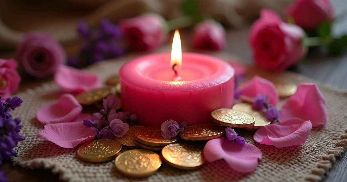 Vela rosa acesa rodeada de pétalas e moedas douradas