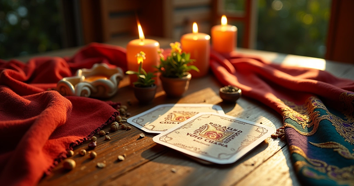 Ritual cigano com cartas e vela sobre mesa 