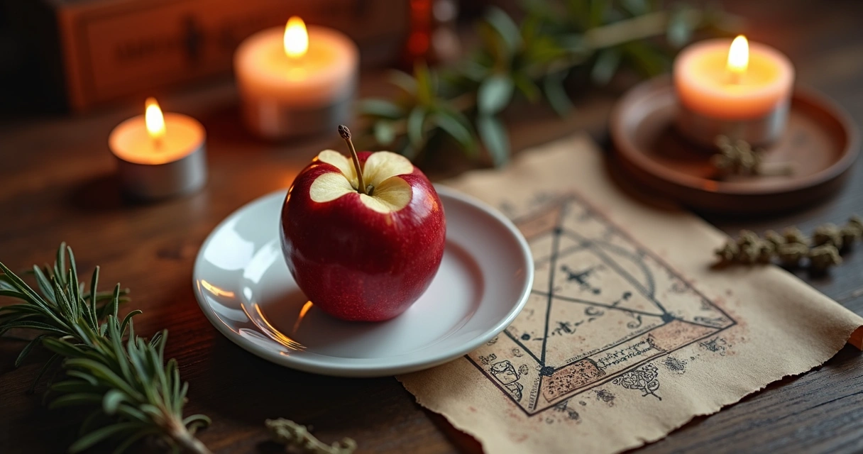 Mesa com velas, maçã e baralho cigano, símbolos de um ritual para sorte na semana 