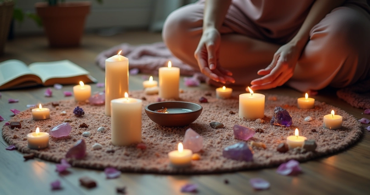 Círculo com velas, cristais e itens místicos no chão para ritual 