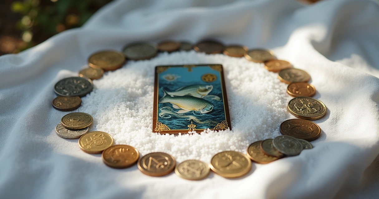 Círculo de sal grosso com moedas e carta Os Peixes centralizada. 