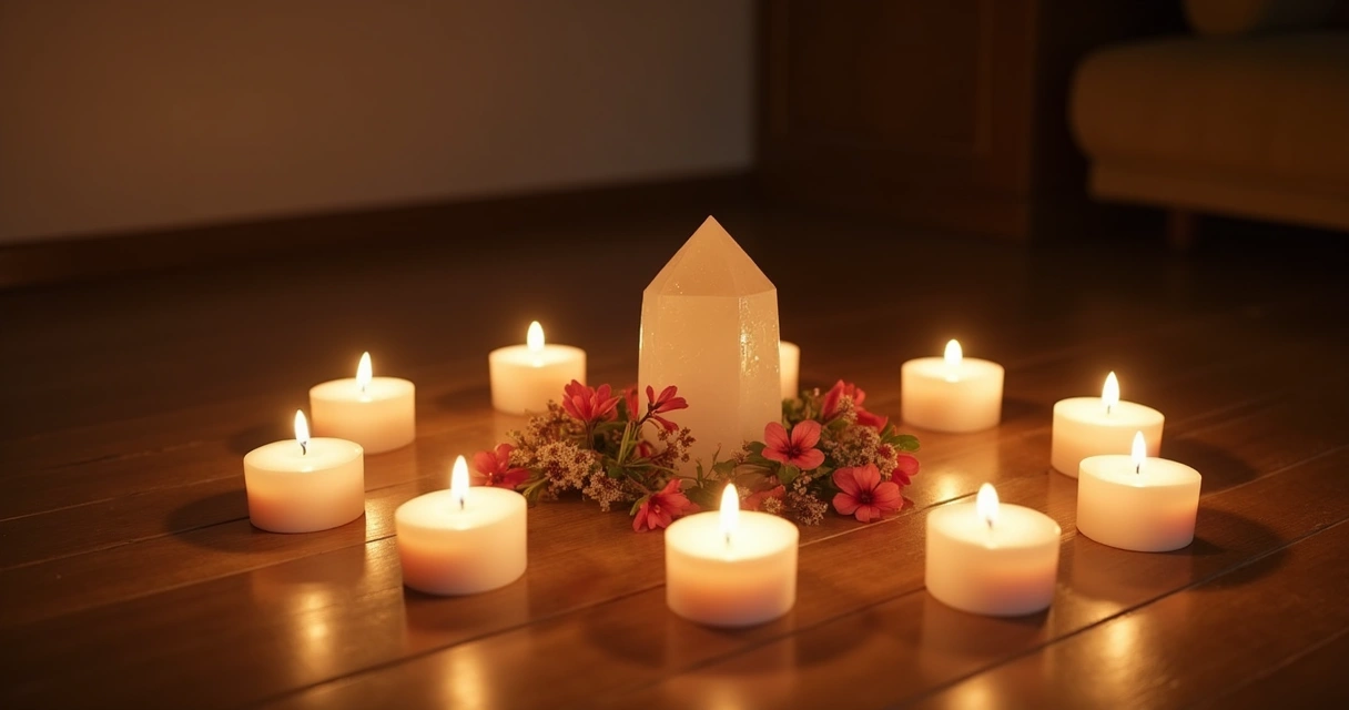 Círculo de velas acesas no chão, clima intimista e acolhedor 