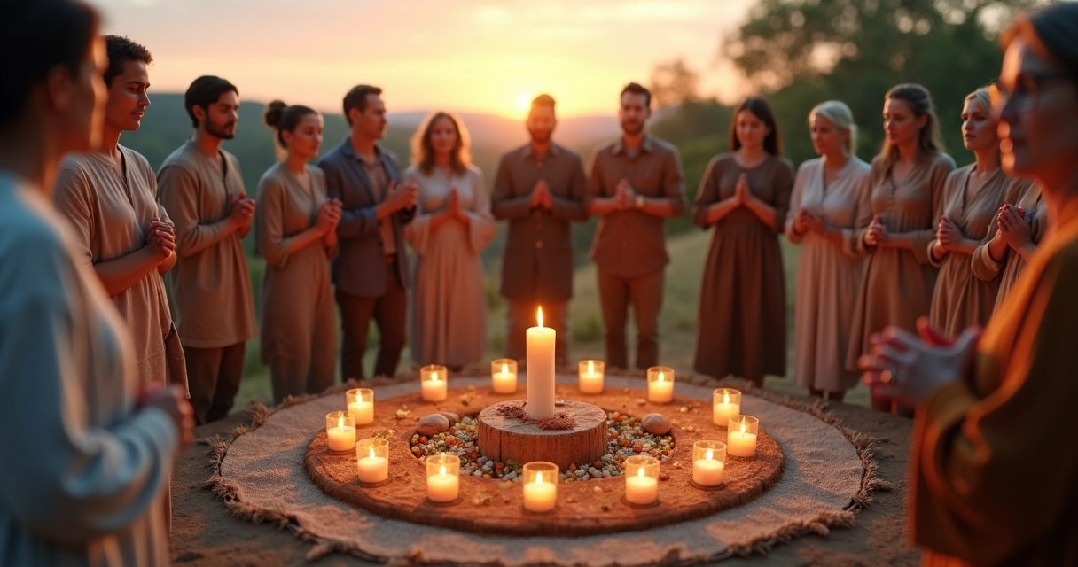 Grupo diverso em círculo realizando ritual coletivo ao ar livre 