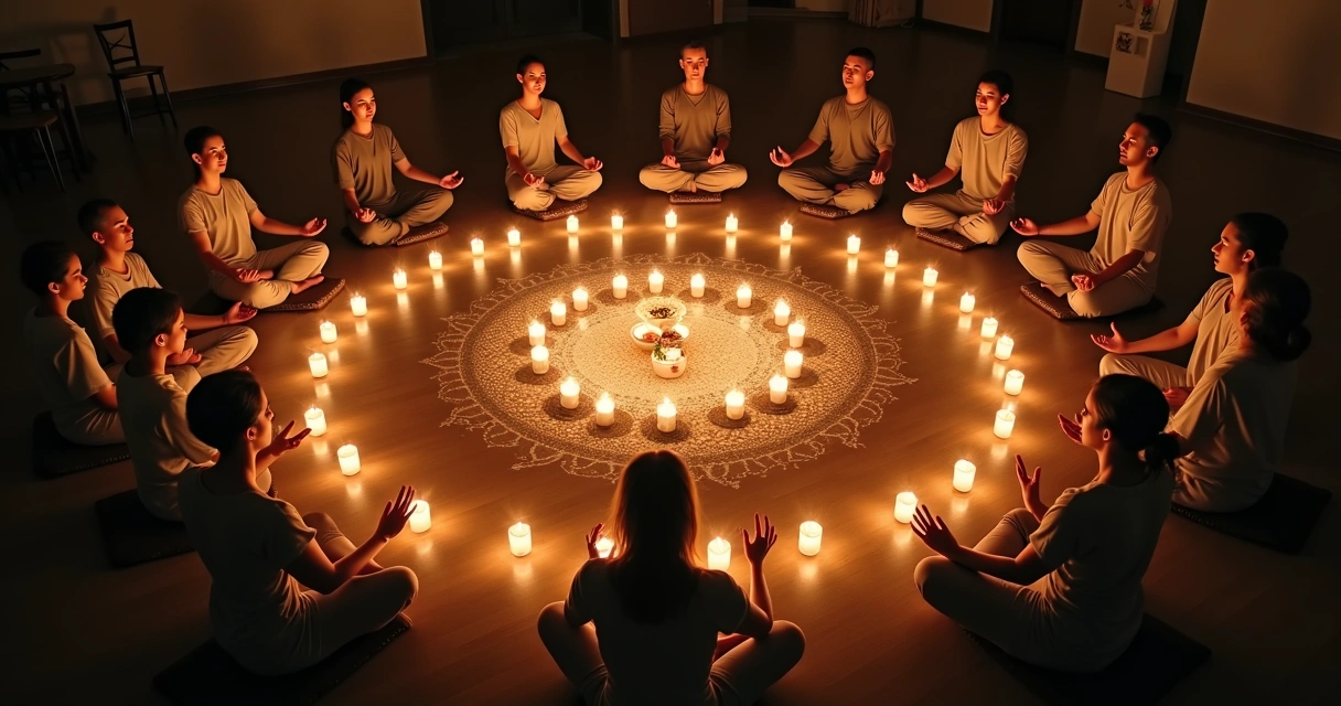 Grupo diverso formando mandala luminosa em grande salão escuro 