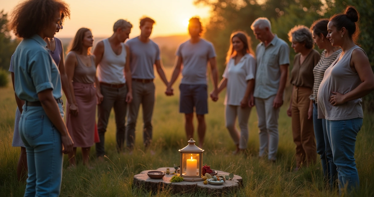 Grupo de pessoas em círculo durante ritual coletivo ao ar livre 