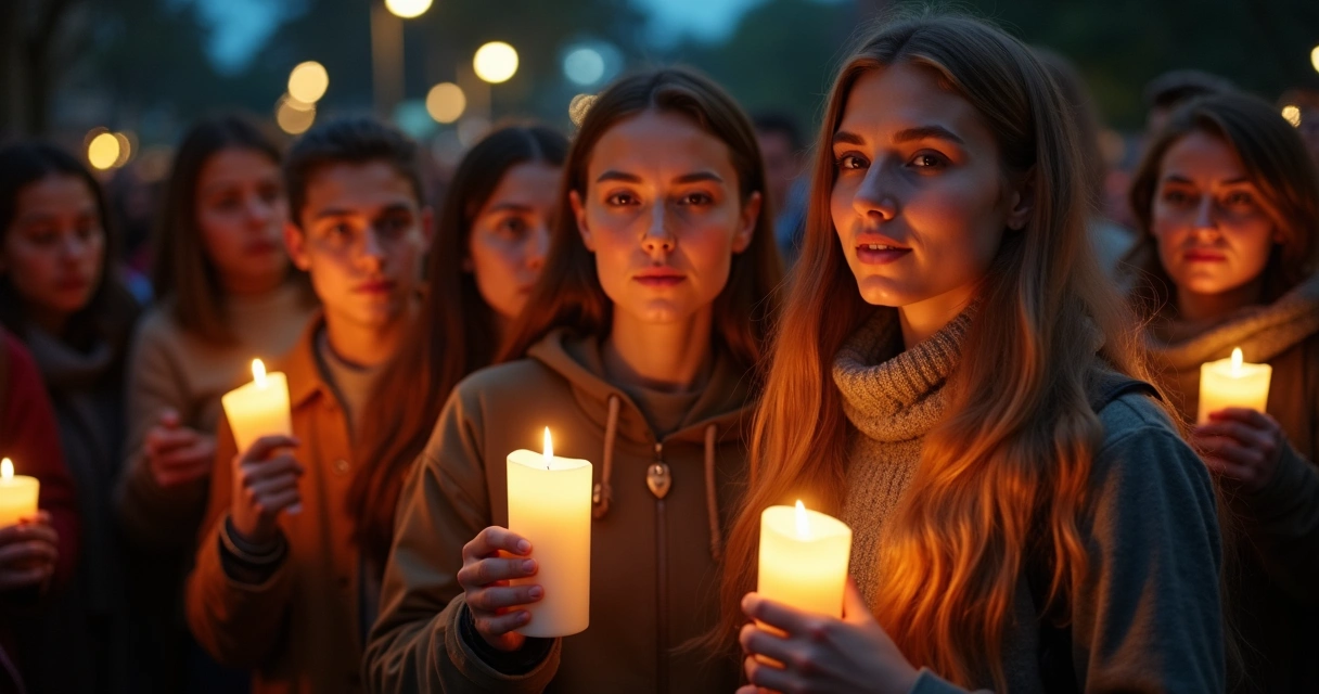 Pessoas reunidas à noite acendendo velas em homenagem coletiva, simbolizando o luto e a esperança 