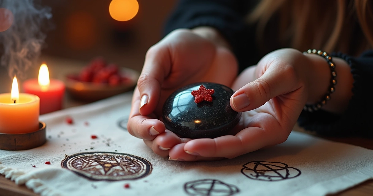 Pessoa segurando amuleto de proteção durante ritual 