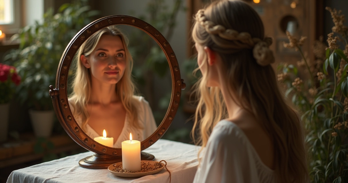 Pessoa meditando com vela acesa diante de espelho 