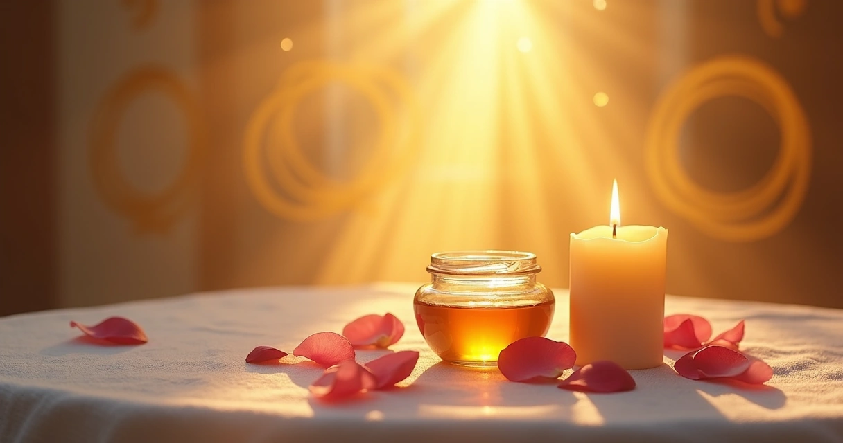Vela acesa, pote de mel, e pétalas de rosas dispostas em círculo