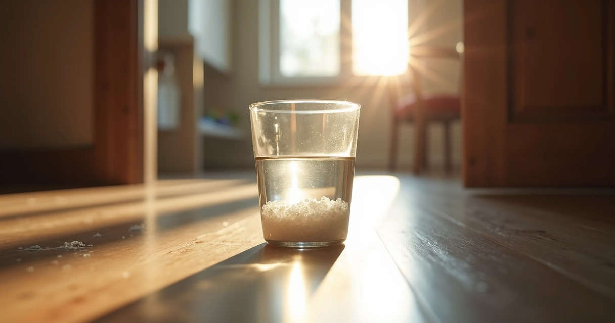Copo de vidro com água e sal grosso ao lado de uma porta
