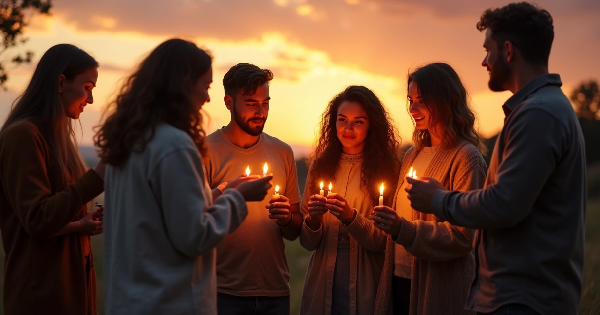 Personas participando en un pequeño ritual con velas al aire libre durante el atardecer