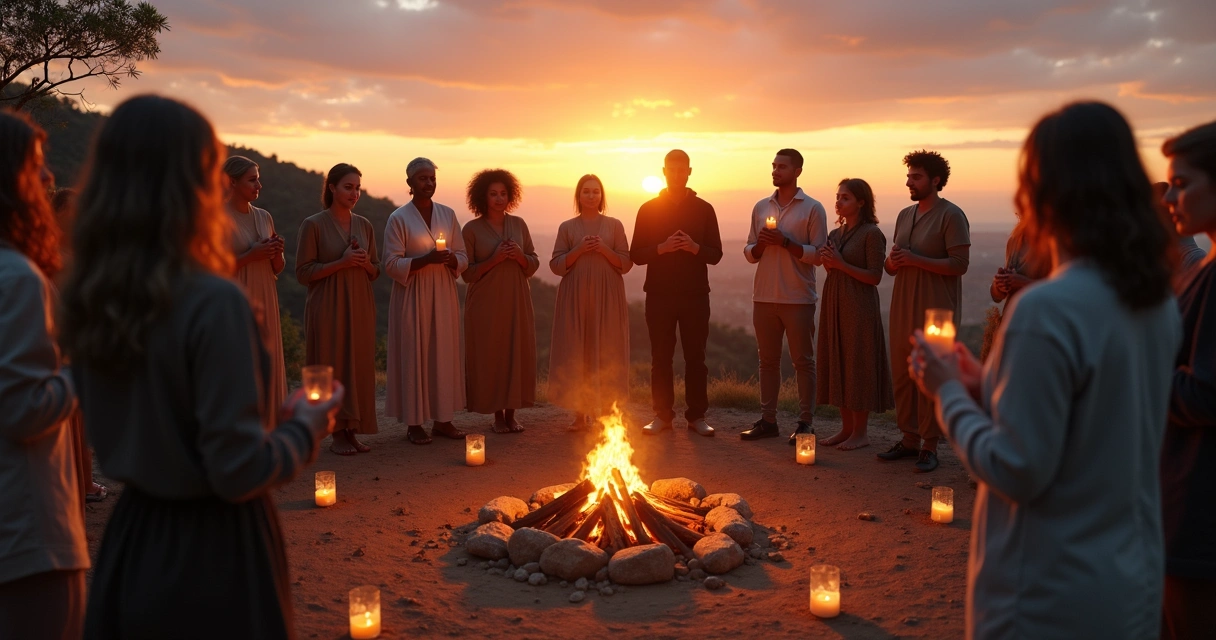Grupo diverso em círculo ao redor de fogueira ritual ao entardecer 