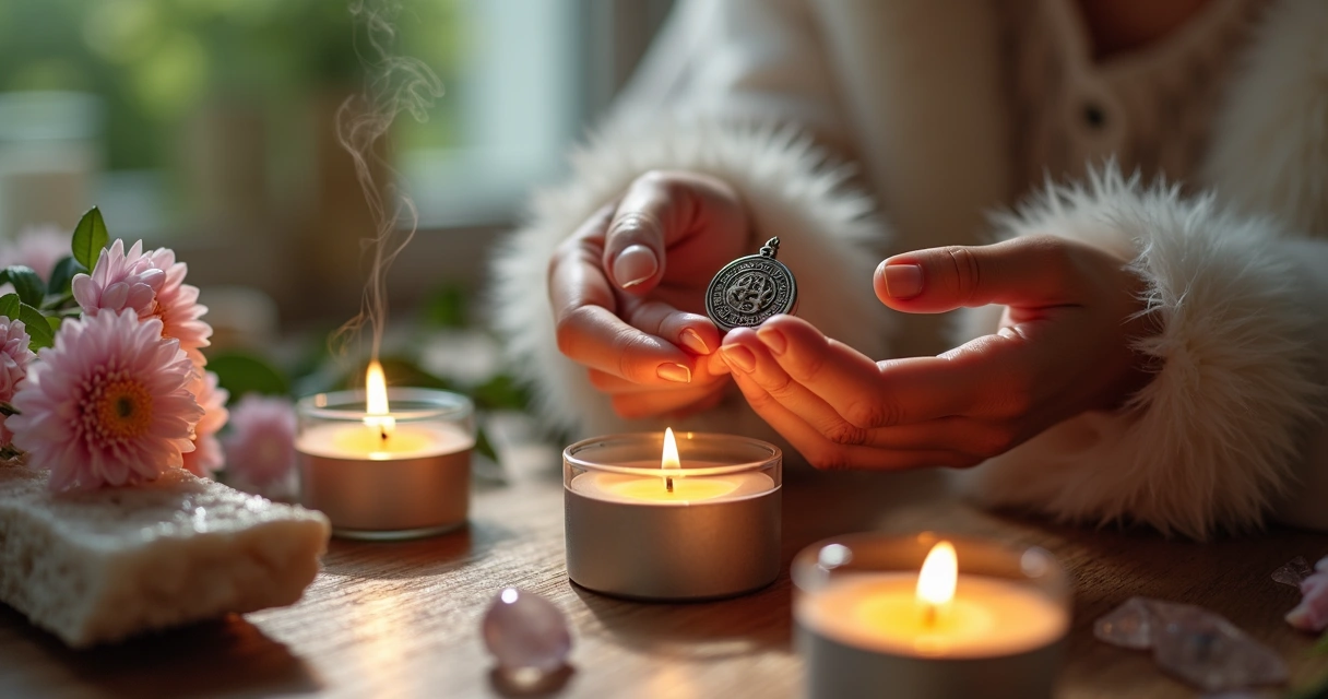 Pessoa segurando talismã em ritual com vela, incenso e flores